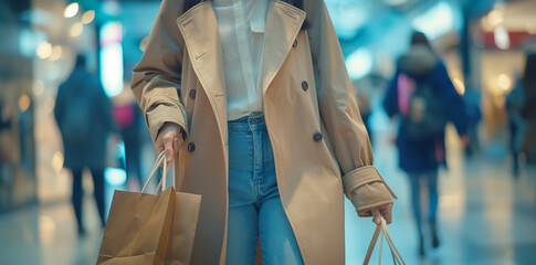 a woman holding shopping bags in a mall