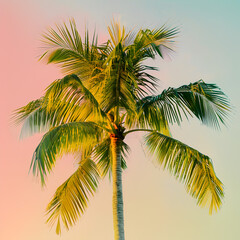 One palm tree with green and yellow leaves against morning sky.