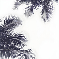 Horizontal background with tropical palm tree. Leaves of a tall palm tree and white sky. monochromatic aesthetic images.