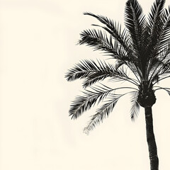 Horizontal background with tropical palm tree. Leaves of a tall palm tree and white sky. monochromatic aesthetic images.