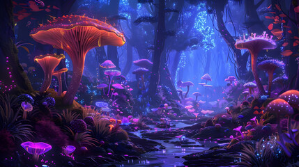 Bioluminescent Forest of Glowing Mushrooms and Luminescent Flora