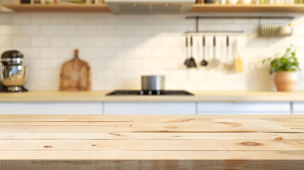 Empty beautiful wood table  top counter  and blur bokeh modern kitchen interior background in clean and brightBanner Ready for product montage : Generative AI