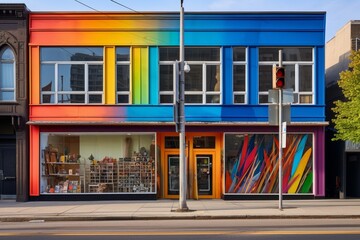 Fototapeta premium Bustling City Art Shop with a Rainbow-Colored Facade and an Assortment of Creative Supplies