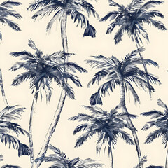 Hand drawn palm tree seamless pattern illustration set. Hawaiian print collection, summer vacation background in vintage art style. Tropical plant painting wallpaper texture. 