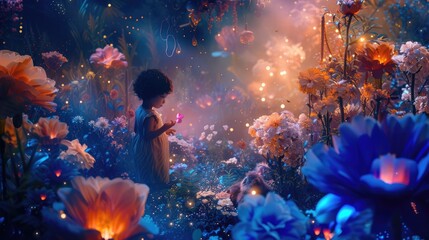 Happy children walking at fantasy forest with glowing flower with magical moment surrounded with fantasy animal. Attractive girl walking at enchanted wild garden landscape. Abstract background. AIG42.