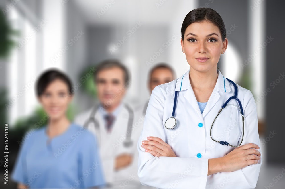 Wall mural happy doctor for healthcare services management