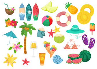 Set of summer icons. full set Hand drawn vector illustration.  tropical palm leaves, fruits, food, drinks. Summertime poster, scrapbook elements, sticker