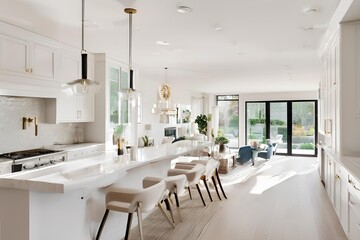 Luxurious interior design of white kitchen, dining room with windows and living room in one space.