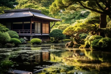 Fototapeta premium A Serene Snapshot of a Traditional Japanese Tea House with Intricate Wooden Details