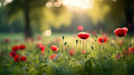 A field filled with red poppies during the golden hour of sunset. The vibrant red flowers stand out against the green grass, creating a beautiful contrast in the natural landscape