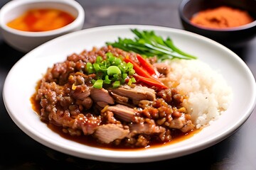 Fototapeta premium Savory Minced Pork and Rice Delight: A Wholesome Combination of Minced Pork, Rice, and More.