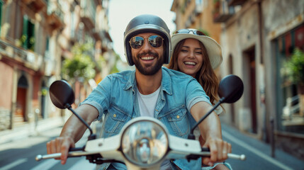 A couple young man and a woman riding a scooter together. They are both smiling. The background shows a street in the city with buildings around them. Pleasure of travel and vacati