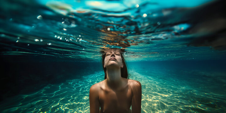 H&uuml;bsche nackte Frau Unterwasser Nahaufnahmen Querformat f&uuml;r Banner