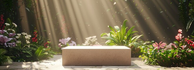 A large empty podium in the center of the frame, surrounded by flowers and plants.