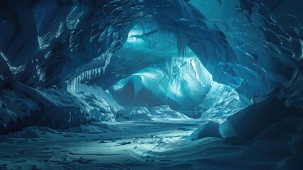 glacier ice cave interior, dramatic lighting casting shades of blue realistic