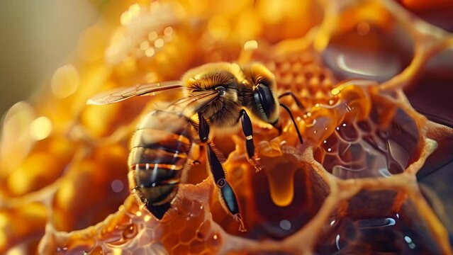 A honey bee collecting pollen on a honeycomb
