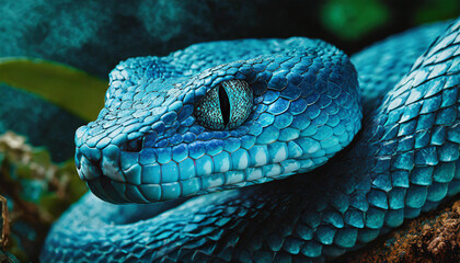 Fototapeta premium Blue viper snake on branch. Blue insularis snake, dangerous animal closeup. Wildlife world
