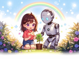 Obraz premium 仲良く植物を育てるAIロボットと人間の少女