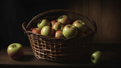 Basket with ripe apples on a wooden table. Close up, summer season