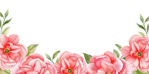 Pink blooming peonies with green leaves watercolor banner. Card template, floral background for flower shop, wedding invitation, mother's day card design. Spring romantic flowers