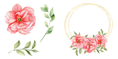 Pink blooming peony, green leaves and round frame watercolor set. Elements for wedding card, invitation, birthday party design. Floral romantic arrangements, spring flowers for mother's day