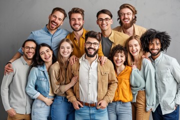 Group of happy young people standing together and looking at camera isolated on grey background
