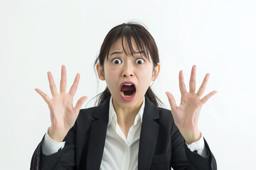 A Japanese businesswoman energetically gestures and shouts with her mouth open,