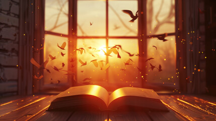 Open Book with Birds and Sunrise