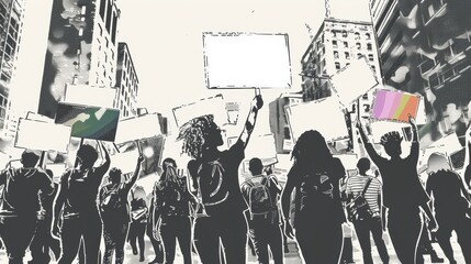 A powerful protest led by LGBTQ+ activists of color, holding signs for equality and acceptance, against an urban backdrop, sketch style, high contrast black and white,