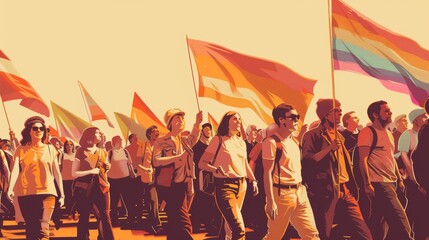 A vintage-style illustration of the first Pride parade, showcasing a joyful crowd of activists from the 1970s, with banners and historical clothing, rich sepia tones,