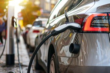 Naklejka premium EV plugged in at public charging station