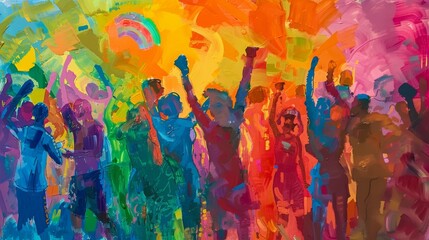 An impressionistic painting of a modern-day LGBTQ+ festival celebrating historical figures and milestones, swirling colors and dynamic brush strokes capturing the joy and pride of the community,