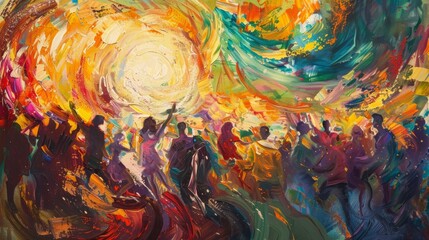 An impressionistic painting of a modern-day LGBTQ+ festival celebrating historical figures and milestones, swirling colors and dynamic brush strokes capturing the joy and pride of the community,