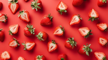 Summer pattern made with strawberries fruit on red background. Summer colorful creative background. Minimal fruit concept.