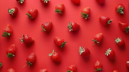 Summer pattern made with strawberries fruit on red background. Summer colorful creative background. Minimal fruit concept.