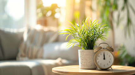 Alarm clock and houseplant in light room with blurred