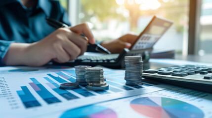 Infographics and coins on the table against the background of a man with a laptop. Budget planning and management concept. Company budget allocation for business or project management. 