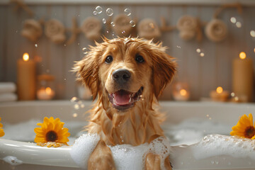 Yellow Dog Getting Bathed at Home