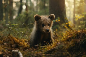 Fototapeta premium Serene brown bear cub sits among ferns in a misty forest, bathed in the warm glow of the setting sun