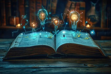Obraz premium Open book with glowing icons of art and science lifting off the pages, imagination in education, side angle