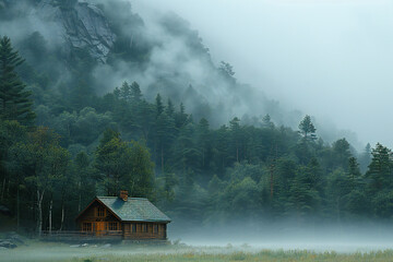 Isolated Cabin in the Mountains with Fog