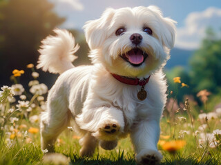 happy white fluffy puppy running outdoors in a beautiful lush garden. hello summer