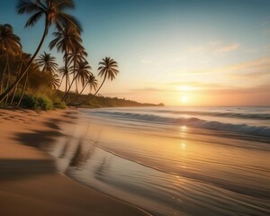 Nature background a tranquil beach scene at dawn, with gentle waves lapping at the shore, palm trees swaying, and the first light of day breaking over the horizon
