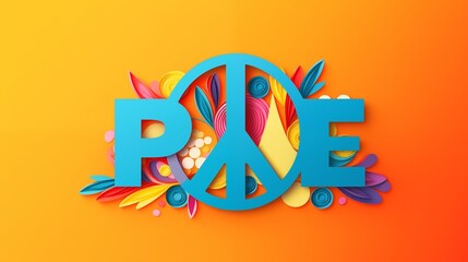 Obraz premium Colorful Paper Art Peace Sign with Vibrant Flowers on Orange Gradient Background
