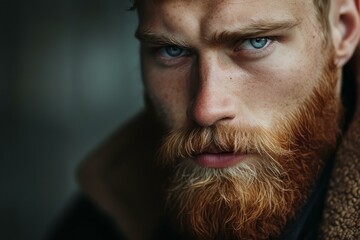 Close-up of a contemplative bearded man with piercing blue eyes and a pensive expression