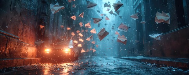 Paper airplanes flying out of a smartphone screen, blending digital and physical worlds, dimly lit room