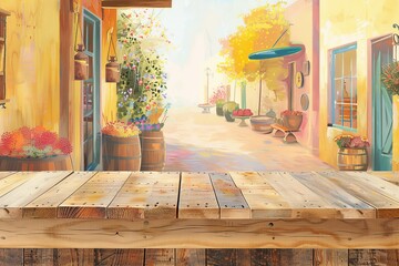Wooden Table in Front of Street Scene Painting. Generative AI