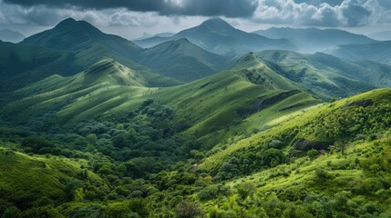 Fototapeta premium Capture a stunning landscape photograph showcasing the lush greenery of the majestic Western Ghats in Karnataka