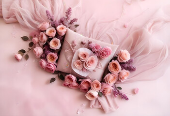 Creative layout made of roses and various flowers .Flat lay delicate colors bouquet aesthetic wrap in silk and net cute details more elegant luxurious, astonishing