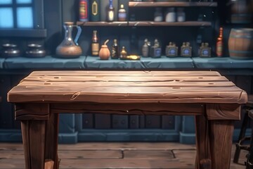 Wooden Table With Bottles in Room. Generative AI